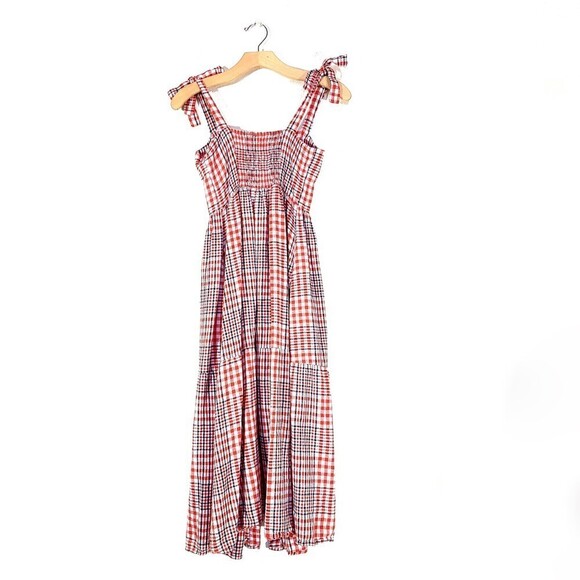 NEW Urban Outfitters UO Positano Linen Tie-Shoulder Midi Dress Red Gingham Small - Picture 5 of 10